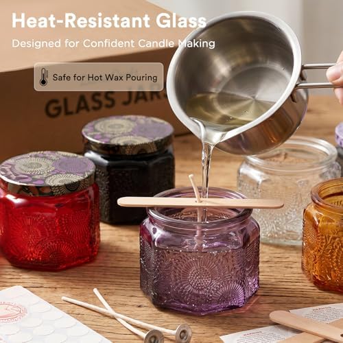 LumaCraft 12 Pack 4oz Glass Candle Jars with Lids, Hexagon Embossed Candle Making Containers, Empty Candle Jars with 20 Wicks & Labels for DIY Candle Making, Party Favors, Home Decor