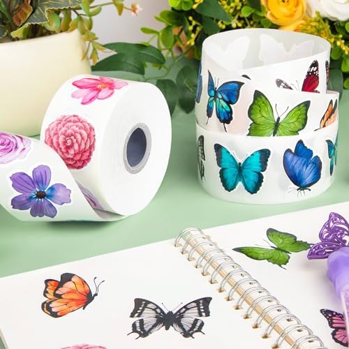 Butterfly Flower Sticker Rolls,1200PCS (2 Rolls) 16 Design Butterfly Stickers for Kids, Colorful Assorted 3D Roll Flower Sticker for Scrapbooks Envelopes Giftwrap Decals Cards Walls Parties
