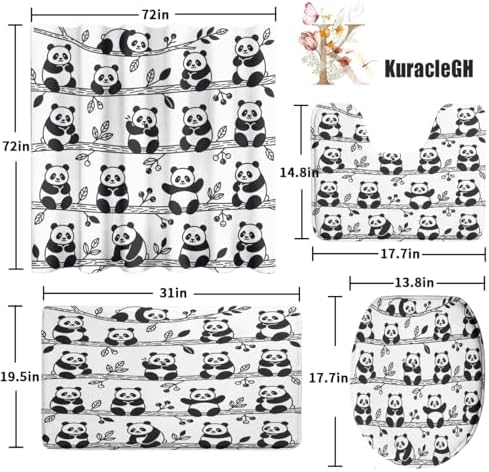 Abstract Kawii Baby Panda Shower Curtain Sets 4 Piece,Cartoon Spring Forest Bamboo Trees Bathroom Decor Sets with Rugs,Cute Animal Panda Bears Waterproof Toilet Lid Cover Bath Mat