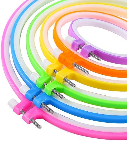 Caydo 6 Pieces Embroidery Hoops and 15 Needles, Plastic Circle Cross Stitch Hoop Ring Embroidery Circle Set, 3.4 inch to 10.4 inch (Multicolor)