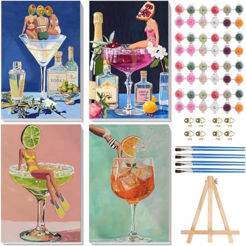4 Pack Cocktail Paint by Numbers Kit for Adults Framed with Easel 8x12 in