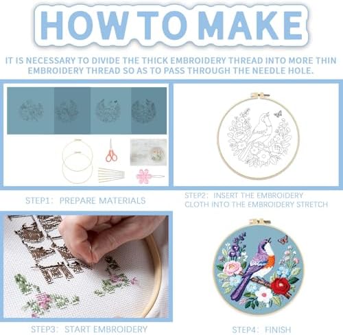 FREEBLOSS 4 Sets Embroidery Kit for Beginners Needlepoint Birds&Wreath Stamped Embroidery Starter Kit with Instructions, Needles, Threads, 2 Hoops 11.6"/29.5CM