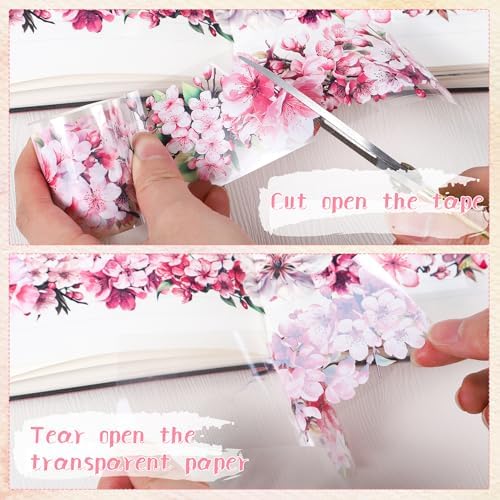 Sitsink PET Tape for Journal Scrapbooking - Pink Flower Cherry Junk Journal Tape for Scrapbooking Decor, Phone Case Notebook Card Crafts