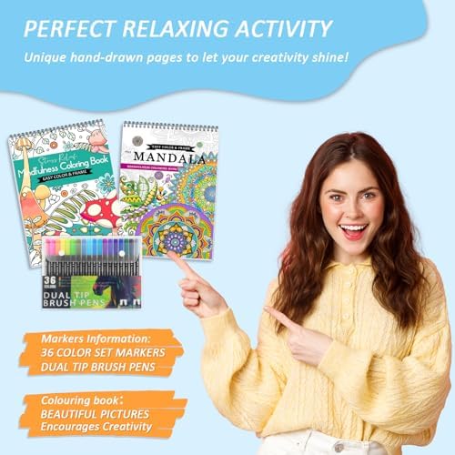 2Pcs Adult Coloring Books Set for Women Relaxation with 36 Colors Markers