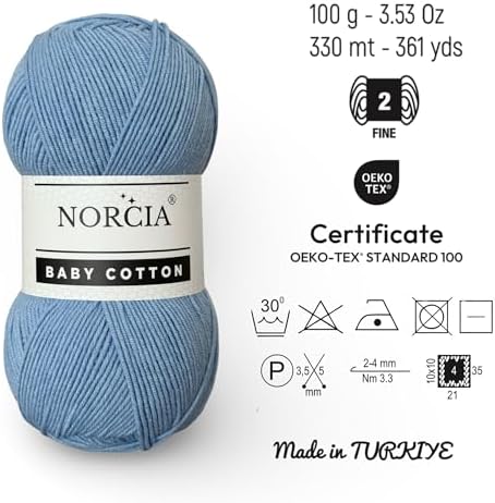 Baby Cotton, 55% Cotton 45% Acrylic Yarn, Fine/Sport (2) for Crochet and Knitting, Soft Amigurumi Yarn, 100 gr (361 yds)