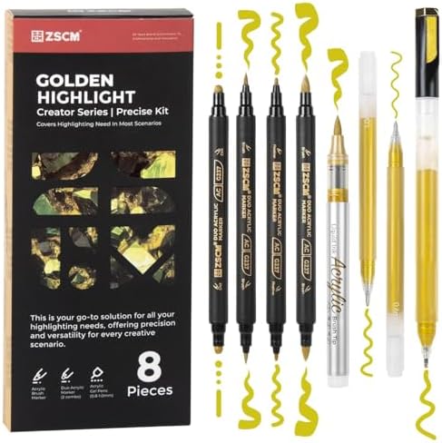 8 Pack Gold Acrylic Ink Pens for Drawing, Fine Point Gold Gel Pens, Brush Tip Markers，Dual-Tip Opaque Acrylic Markers for Black Paper Highlighting Drawing, Sketching, Illustration, Card Making