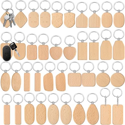 Cunno 40 Pcs Wood Keychain Blanks Unfinished Key Ring, Assorted Shapes