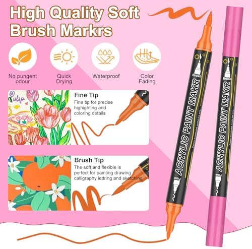 Dual Tip Acrylic Paint Markers 72 Colors, Fine & Brush for Rock Wood Glass