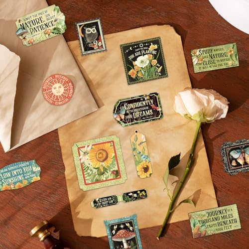 Cottagecore Stickers Vintage Nature - Botanical Mushroom & Sunflower Waterproof Vinyl for Adults | Journal Planner Decor | Laptop Water Bottle Scrapbooking