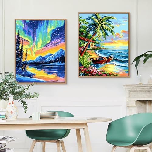 Yunnuo Landscape Paint by Numbers Kit for Adults Beginner,Beach Adult Paint by Numbers on Canvas with Acrylic Paint and 3 Brush,Cottage-Wooden Boat Painting by Numbers for Home Decor Gifts(20x16 inch)
