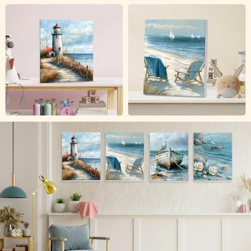 NEWENMO 4 Pack Paint by Numbers Kit for Kids Beginner with Wooden Frame, Lighthouse, Beach, Paint by Numbers Kit for Adults, Coastal Landscape, DIY Painting Kits for Home Wall Decor 8x10 inch