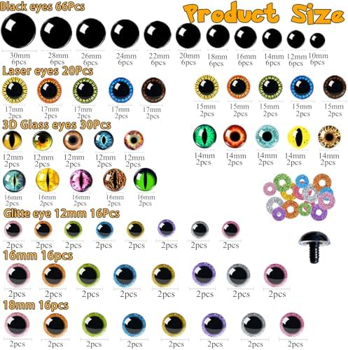 CSCHENGO 453 Pcs 10-30mm Glass Craft Safety Eyes 10-35mm Glitter 3D Eyes/Black Eyes with Noses/Glasses/Tags,for Adult DIY Crochet Handmade Craft Figurines Plush Crafts