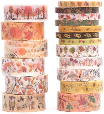 18 Rolls Seasons Flowers Washi Tape Set Floral Arts Adhesive Tapes Blooming Garden Decorative Masking Tape Sets for Craft, Kids, Scrapbook, DIY, Gift Wrapping (Autumn)