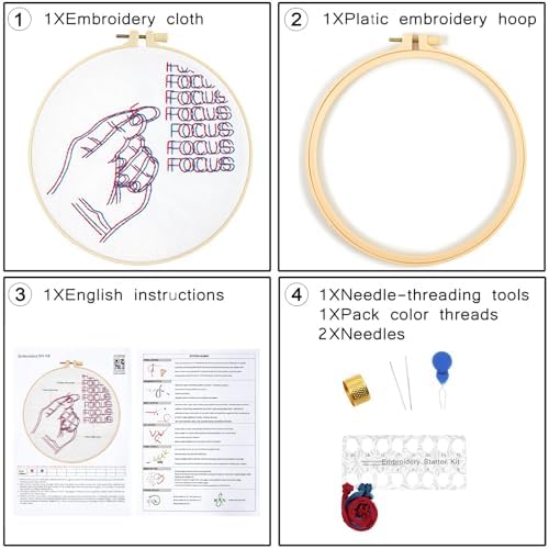 Crafmanoe Easy Hand Embroidery Kits for Beginners Adults, Focus Embroidery Starter Kits, Counted Cross Stitch Kits for Beginners Craft Kits for Adults Women, Embroidery Hoops, Thread & Video Tutorial