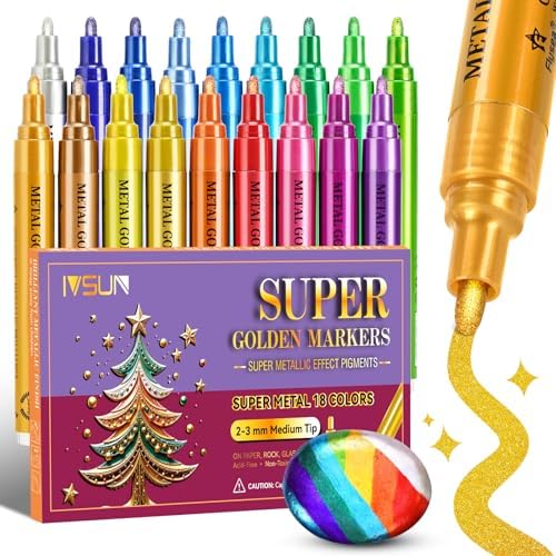 IVSUN Metallic Markers, 18 Colors Glitter Acrylic Gold Paint Pens | Super Golden Markers for Black Paper, Rock, Glass, Wood, Scrapbooking, Photo Albums, Card Making, DIY Crafts Supplies
