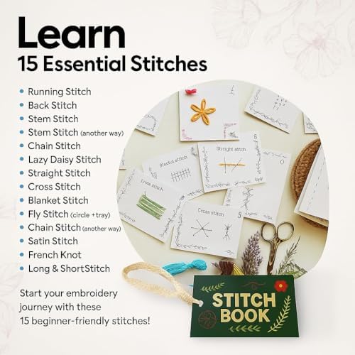 Embroidery Kit for Beginners Adults, No Tracing Pre-Punched Stitch Cards, 15 Stitch Practice Set with Video Tutorials, Needles and Thread, Hand Embroidery Starter Kit