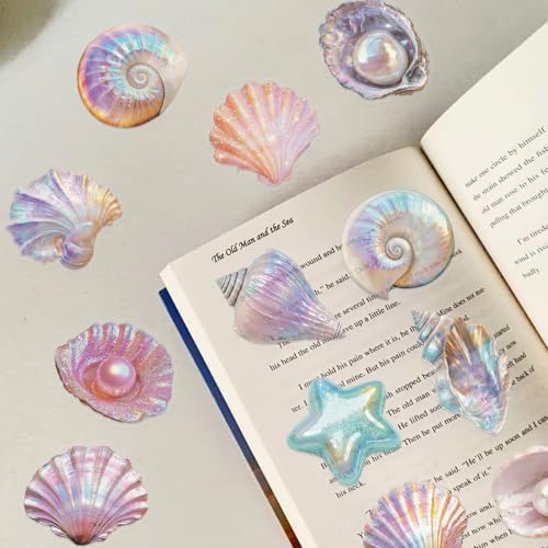 50 Pcs PET Transparent Seashell Stickers, Waterproof Vinyl Coastal Shell Decals for Laptop Skateboard Luggage, Colorful Beach Shell Stickers Gift for Kids Teens Adults (Shell)