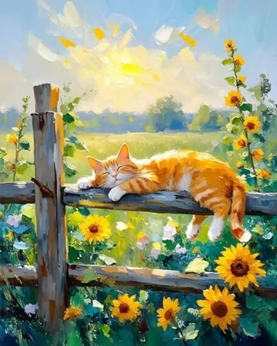 MBNTJHT DIY Cat Paint by Numbers Kit for Adults with Brushes,Cat Sleeping on Fence Paint by Number Kits for Beginners,Unframed Watercolor Painting Art Kits Crafts for Home Wall Decor 16x20 Inch.