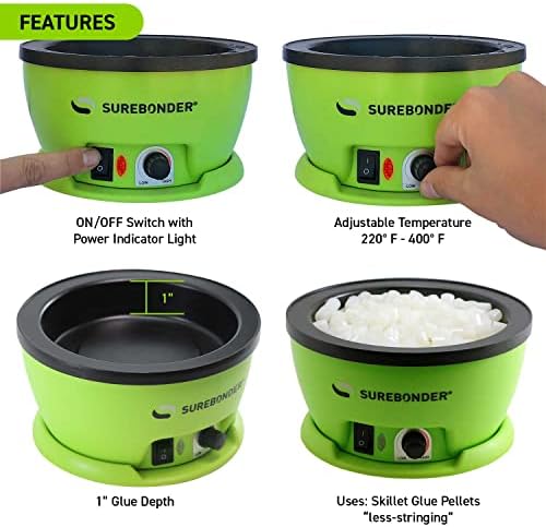 Surebonder 803 Electric Hot Glue Skillet, Adjustable Temperature 225-400°F, 5.25-Inch Diameter, 1-Inch Depth, Dip Crafts Directly Into Pot of Hot Glue, Green and Black