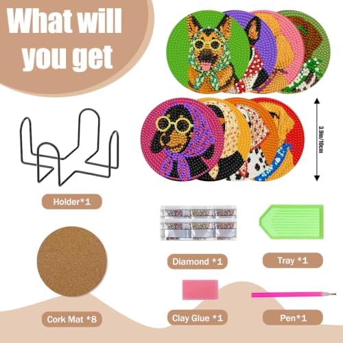 CRZMODE 8 Pcs Dog Diamond Art Coasters Kits, Diamond Painting Coasters with Holder Set of 8, DIY Dog Art Crafts Supplies for Adults Cup Mat House Warming Gifts Non-Slip