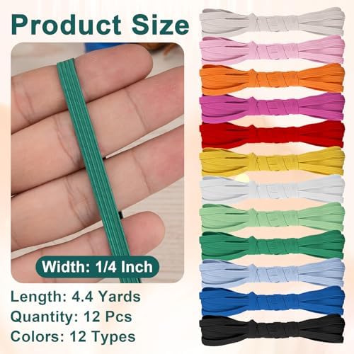 Airisoer Elastic Bands for Sewing 12 Rolls 1/4" x 4.4 Yards, Bright Colors