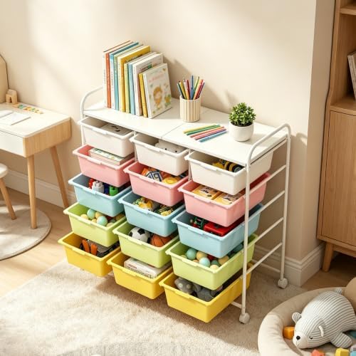 15-Drawer Rolling Storage Cart with Wheels, Multi-Color Plastic Drawer Cart | Mobile Organizer Cart, Utility Storage Trolley for Office, Living Room, Craft Room, Bathroom, and Home Organization