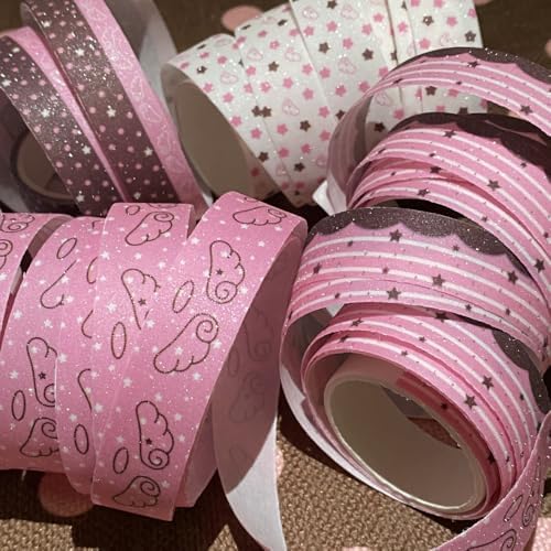 5Rolls Pink Strawberry Musical Note Glitter Washi Tape Set Decorative Star Masking Tapes Bulk Cute Washi Sticker for Journaling Kawaii Sparkling Scrapbook Tape Supplies for Craft Scrapbooking Journal