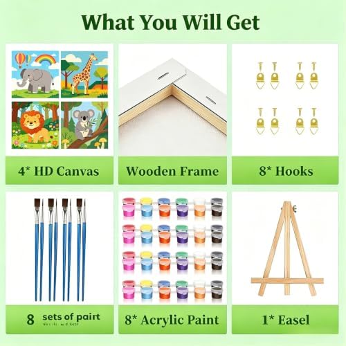 4 Pack Easy Animals Paint by Numbers Kit for Kids with Frame 8x8 Inch