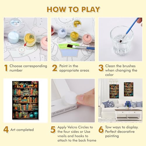 Bowetile Framed Paint by Numbers Bookshelf for Adults Beginners, Adults' Paint-by-Number Kits, Easy Adult Paint by Number Kits on Canvas, Acrylic Bookshelf Number Painting for Home Decor, 8x12in