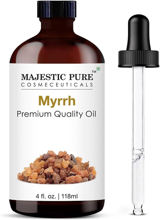 Majestic Pure Myrrh Essential Oil for Diffuser - 4 Fl Oz | 100% Pure and Natural Essential Oils for Aromatherapy, Massage, Perfume, Blend with Carrier Oil for Skincare, Myrrh Oil