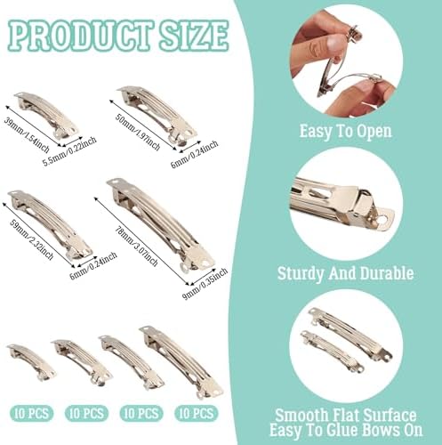 40Pcs Iron Barrette Hair Clips 4 Sizes Metal Silver French Barrette Findings for DIY Hair Accessories Making