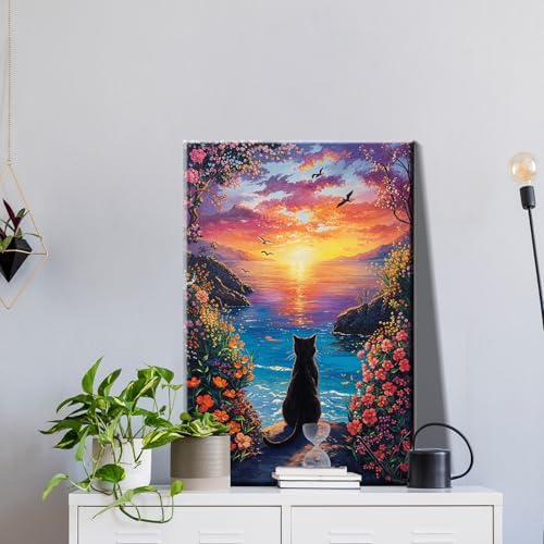 JOOZ Paint by Numbers Kit for Adults with Frame, Black Cat Paint by Number with Easel, DIY Seaside Sunset Flowers Paint by Numbers Landscape for Home Wall Decor 8 x 12 Inch