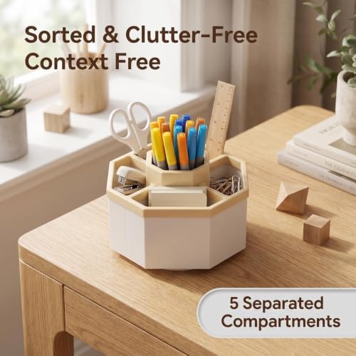 Jekelife 360 Degree Rotating Pen Holder,5-Compartment Desk Organizer,Beige