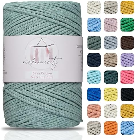 Makromecity, Cotton Macrame Cord 2mm x 195 Yards (590 feet) 2mm Recycled Cotton Crochet Yarn for Macrame Art & Crafts for Wall Hangings, Bags, Underplate, Rug (25 Colors Available) (Crepe Green)