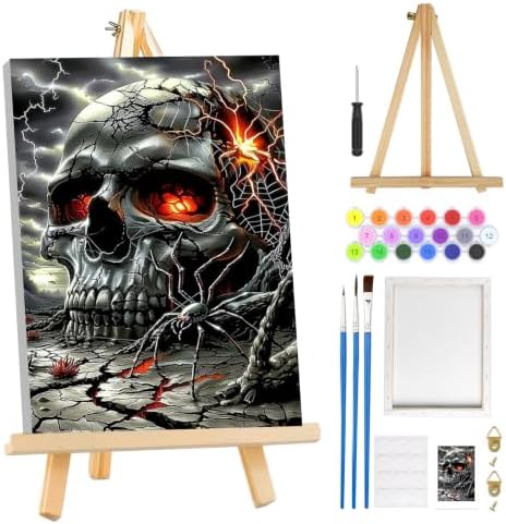 MOGTAA Halloween Paint by Numbers Kit for Adults Beginners with Frame, Skull Adult Paint by Number Kits on Canvas with Easel, Easy DIY Oil Painting Kits for Home Decor, 8x12in