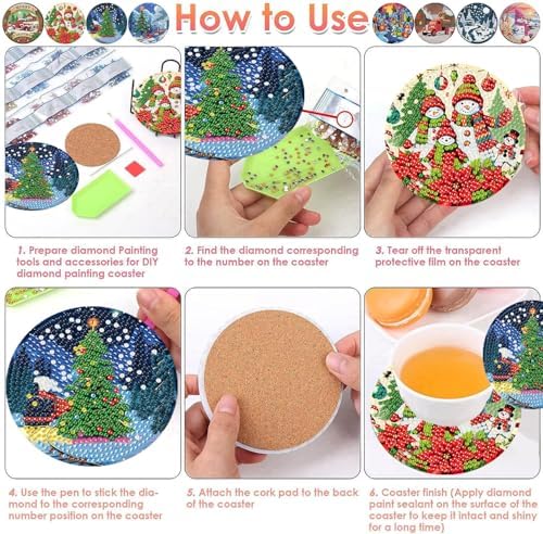 ijbnhd 8 PCS Christmas Diamond Art Coasters Kit Diamond Painting Coasters