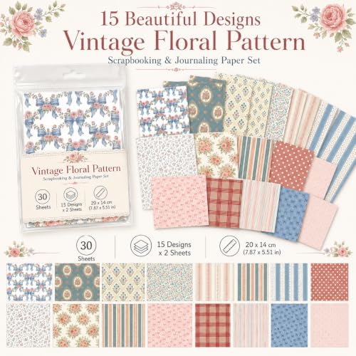 30 Sheets Vintage Floral Pattern Scrapbook Paper, Craft Cardstock for Journaling, Gift Wrapping, Collage Art & DIY Greeting Cards