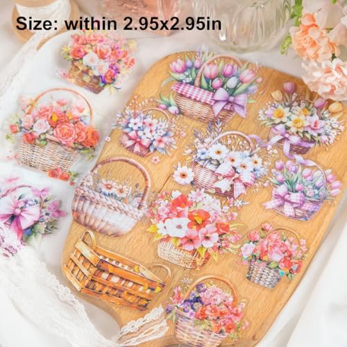 Floral Basket Holographic PET Sticker Set, 72Pcs Vintage Flower Stickers for Scrapbooking, Journaling, Junk Journal Supplies, and DIY Crafts
