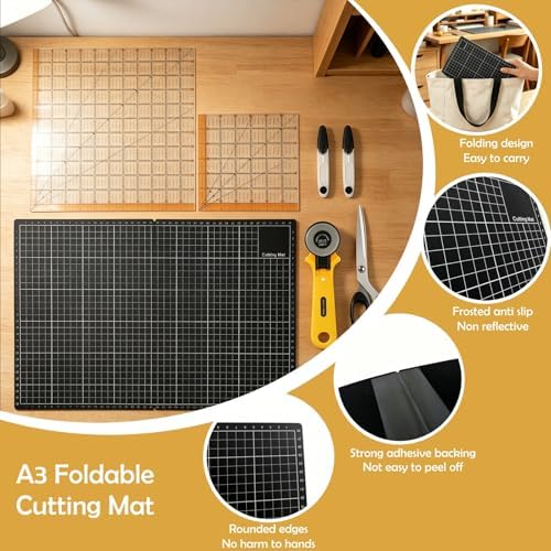 Rotary Cutter Set - 45mm Fabric Cutter with A3 Self-Healing Cutting Mat, 2 Extra Blades, Acrylic Sewing Rulers, Sewing Scissors, Craft Knife - Complete Kit for Sewing, Quilting, Patchwork, Crafting