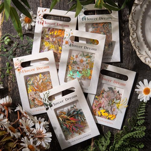 Dizdkizd Holographic Flower and Leaf Sticker Set, 240 Foil Gold Botanical Scrapbook Sticker Small Transparent Floral Decals for Journal, Planner, Photo Album, Card