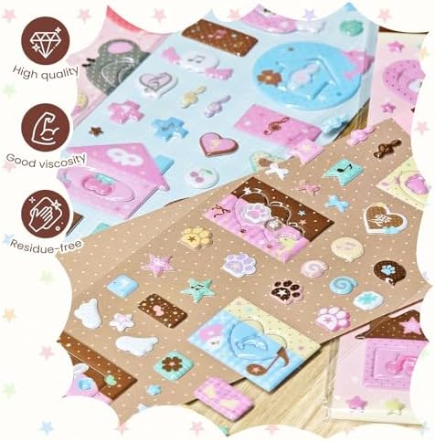 4 Sheets 3D Puffy Stickers, Kawaii Cartoon Stickers Cute Animals, Desserts, Music Pink Aesthetic Foam Stickers for Scrapbooking, Journaling, DIY Crafts, Laptop & Water Bottle Decor