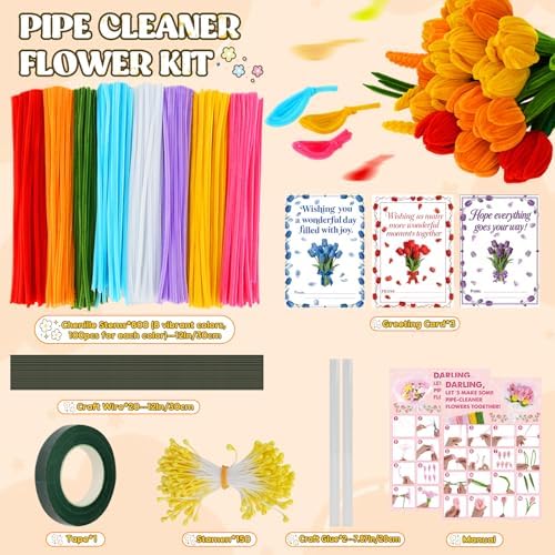 800PCS Pipe Cleaners Flower Kit, Pipe Cleaner Bulk Craft Flower Making Kit with Instruction, 8 Colors Thick Chenille Stems for Arts DIY Craft Supplies with Greeting Card, Floral Wires, Tape, Stamen
