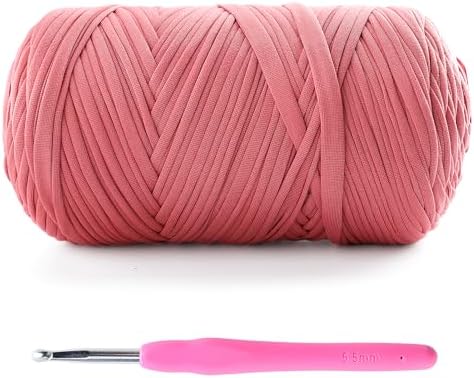 T-Shirt Yarn for Crochet - 400g/130yds Elastic Fabric - Soft, Breathable, Comfortable - Perfect for Bags, Slippers, Home Decor - Includes 1 Leather Pink Crochet Hook (G/6, 4.5mm)
