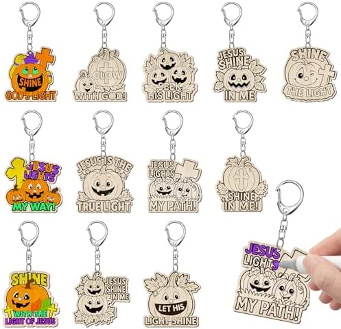Trnayi 36 Pcs Christian Pumpkin Wood Keychain DIY Craft | Christian Pumpkin Wooden Keychain, Color Your Own Unfinished Craft, Blank Wood Painting DIY Craft, for Halloween Art Project