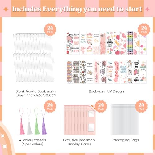 24 Set Bookmark Making Kit, Acrylic Bookmark Blanks with 24 UV DTF Stickers About Booklover Theme and 24Tassels,Blank Bookmarks UV DTF Transfers Stickers for DIY Crafts Hanging Tag Gift Bookmarks DIY
