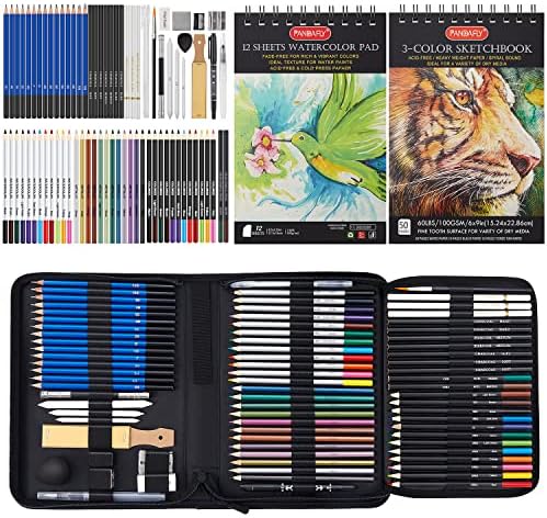 PANDAFLY 80 Drawing Set Sketching Kit, Art Supplies with 3-Color Sketchbook
