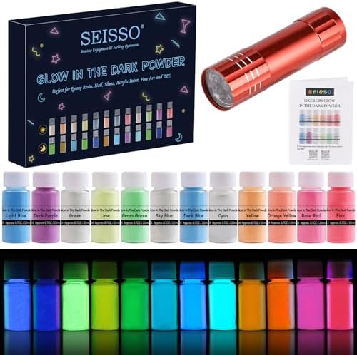 Glow in The Dark Powder 12 Colors Epoxy Resin Dye Luminous Pigment Powder Safe Long Lasting for Fine Art, DIY Nail Art, Epoxy Resin Colorant, DIY Crafts and Theme Party, 0.7oz Each