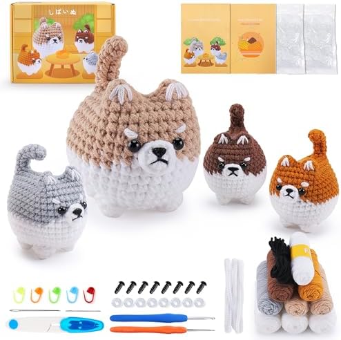 Crochet Kit for Beginners- 4 PCS Fat Shiba Inu Crochet Kits for Adults, 4PCS Corgi Dog Crochet Animal Kit with Step-by-Step Video Tutorials, Yarn, Crochet Hook, Instructions DIY Knitting Kit