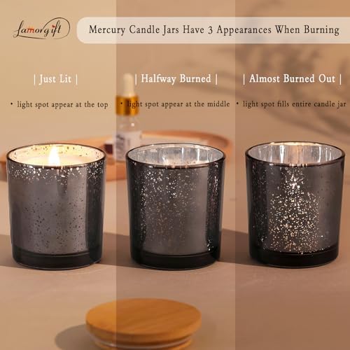 LAMORGIFT 15 Pack Dark Gray Candle Jars With Lids - 8oz Mercury Glass Candle Making Containers - Includes 20 Pcs Labels
