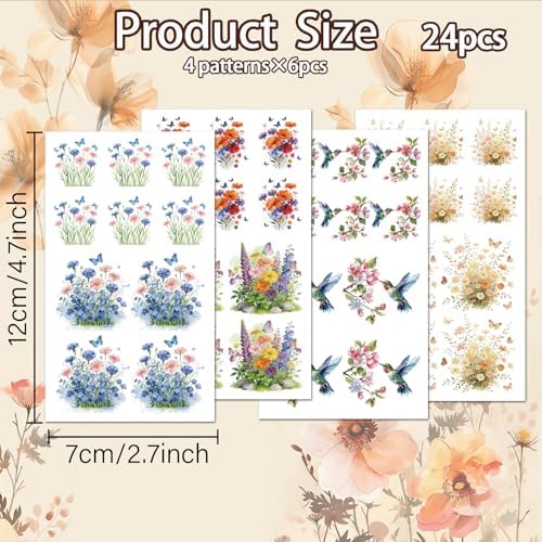 OLYCRAFT 24Pcs Wildflowers Clay Transfer Paper 4 Design Flowerbeds Clay Transfers Paper for Polymer Clays Earring Hummingbird Transfer Sheets Small Ceramic Decal for Earring Jewelry Making